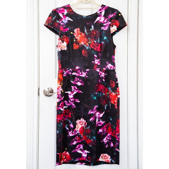 Betsey Johnson Black Floral Print Scuba Sheath Midi Dress, size 12 - Picture 1 of 10